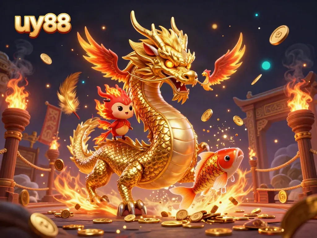 Experience uy88's thrilling casino adventure with a magical dragon and phoenix.