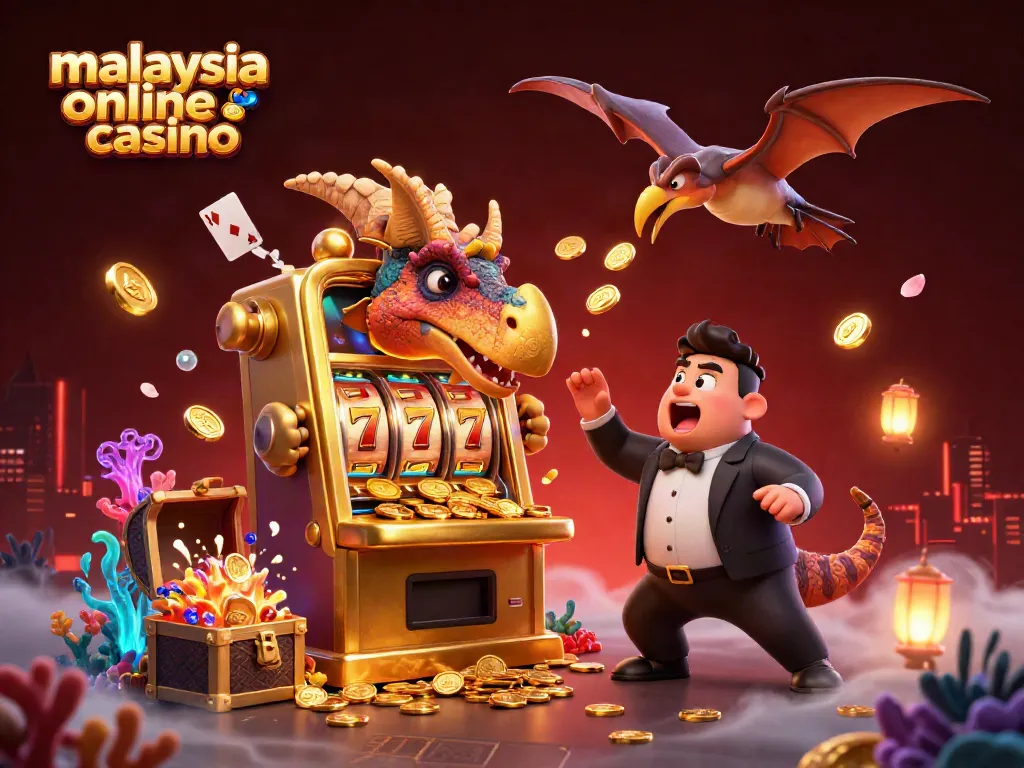 Jackpot celebration at a malaysia online casino featuring a dinosaur and stunning visuals.