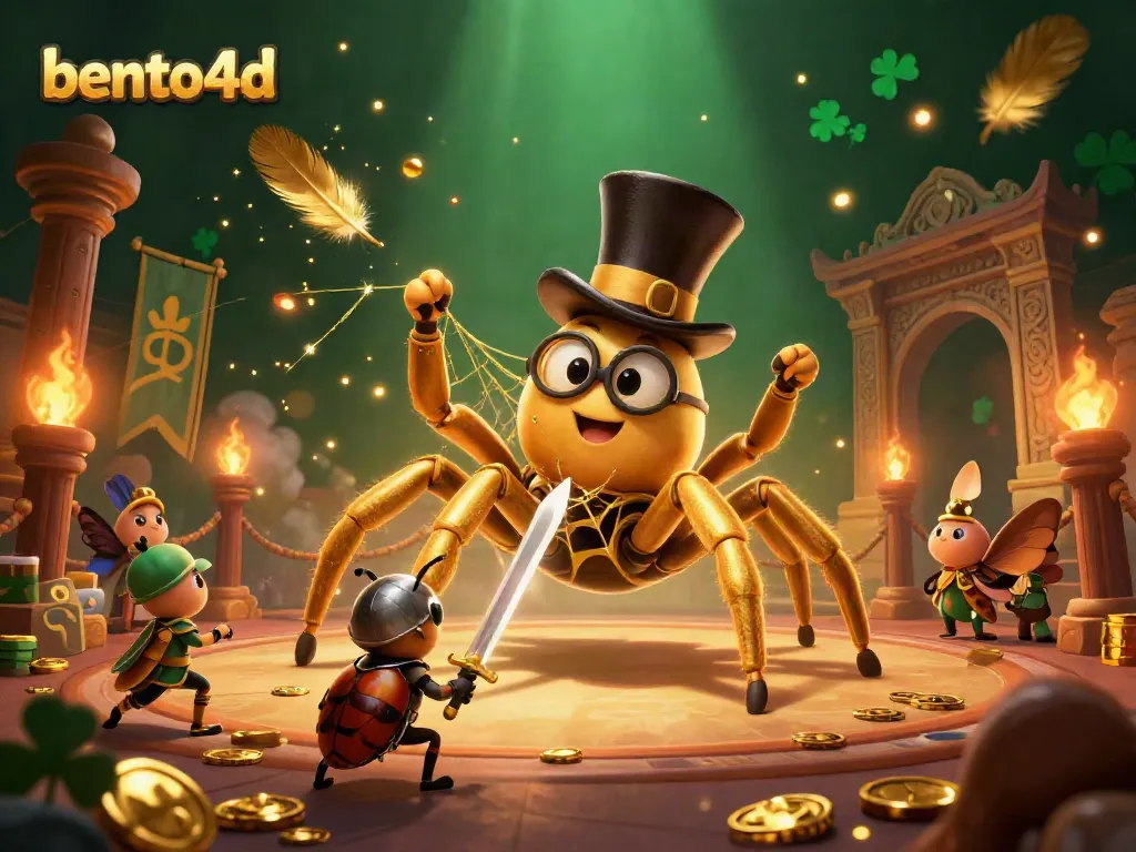 Bento4D gaming experience: A dynamic illustration of a golden tarantula and beetle knight amidst betting tokens.