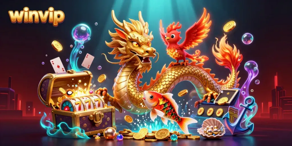 Experience thrilling wins at winvip with a vibrant display of casino elements and mythical creatures.