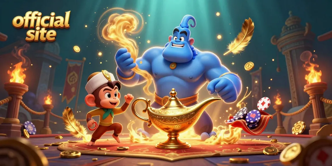 Experience the excitement of winning at the official site with a vibrant casino illustration featuring a genie.