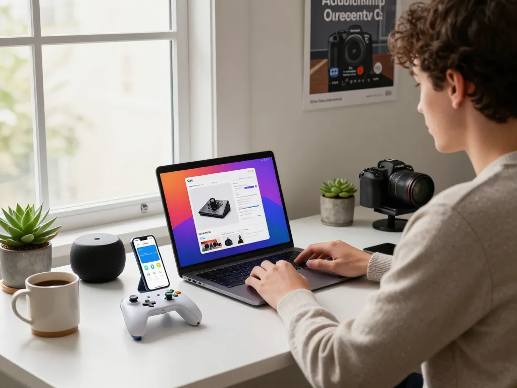 Affordable tech gadgets showcased in a modern home office with multiple devices and a warm atmosphere.