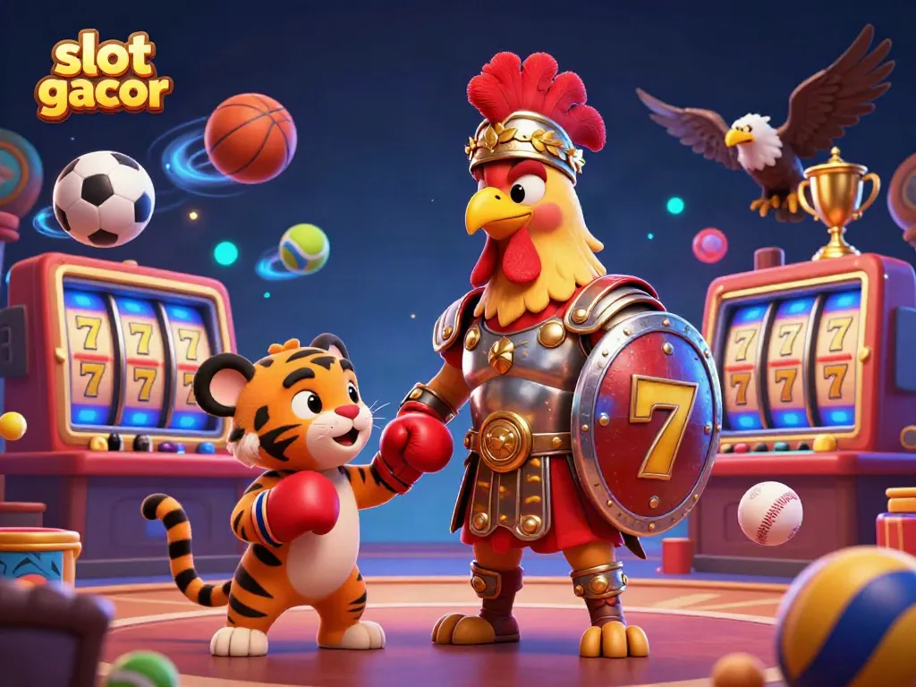 Experience thrilling slot gacor action with a gladiator rooster in a vibrant casino setting.