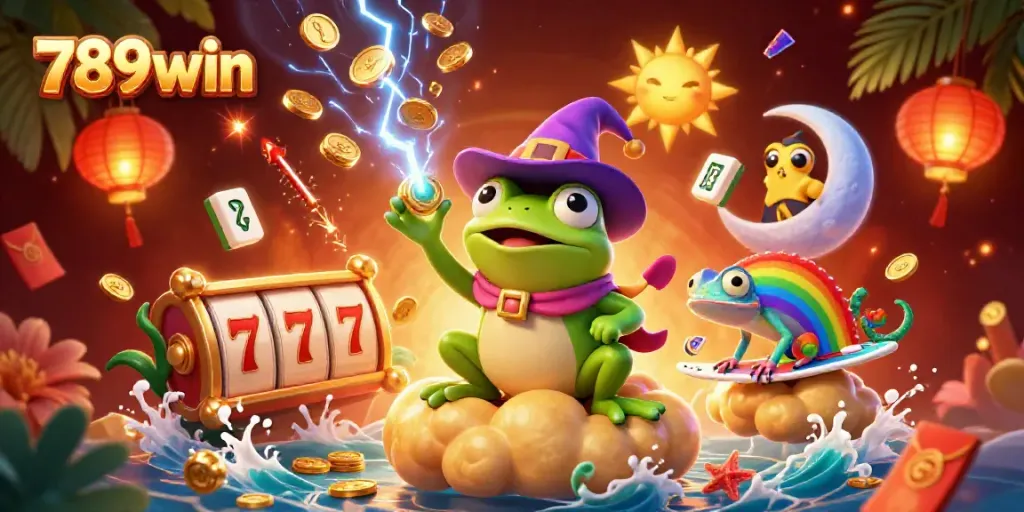 Engage with 789win as a whimsical frog conjures golden coins amidst a vibrant, festive casino setting.