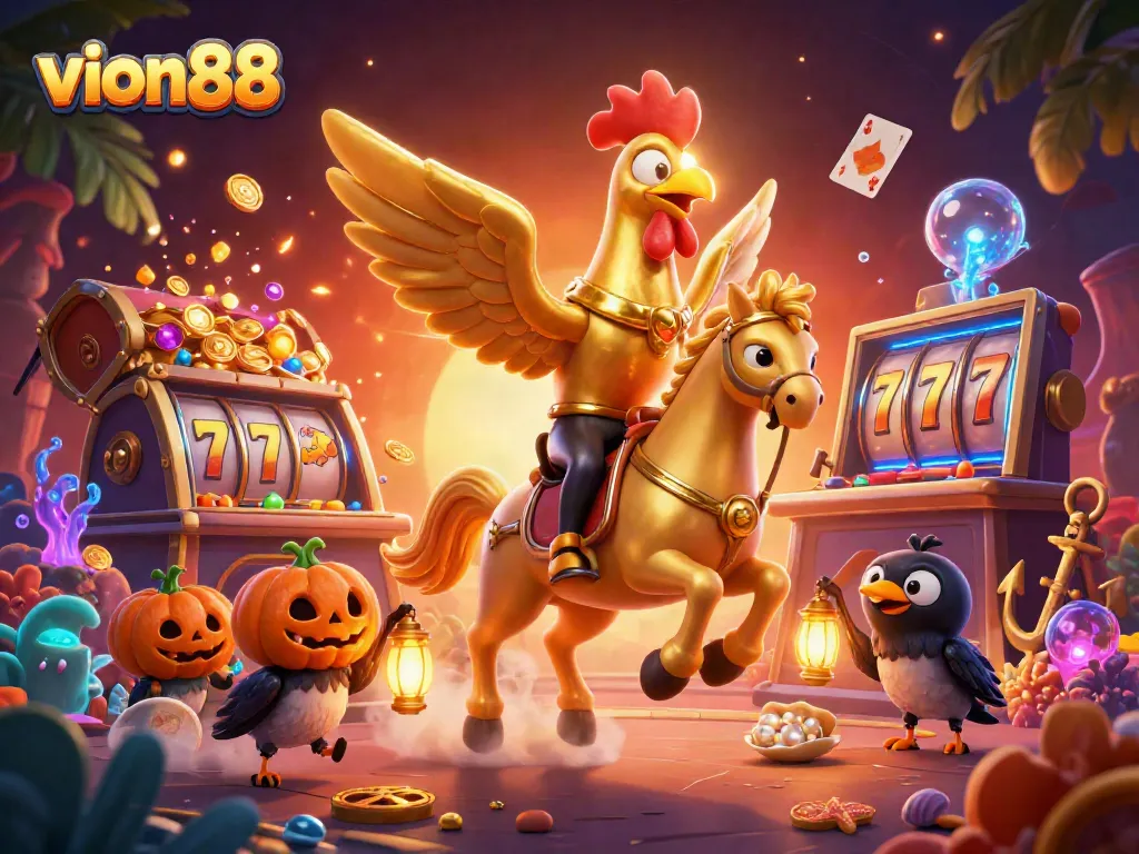 Experience the thrill of VION88 with vibrant slot reels and enchanting characters in a magical casino.