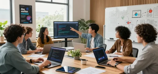 Dynamic team building internal tools with AI in a modern office setting with laptops and collaboration.