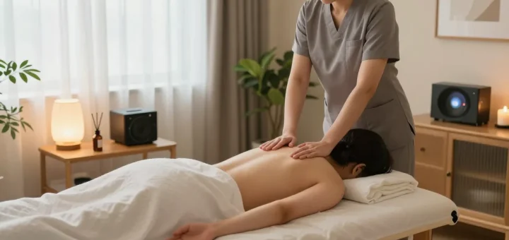 화성출장마사지 in a tranquil home setting with professional masseuse and calming atmosphere.