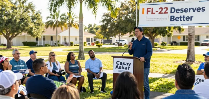 Casey Askar engaging with voters during a campaign event in Florida, emphasizing community involvement.