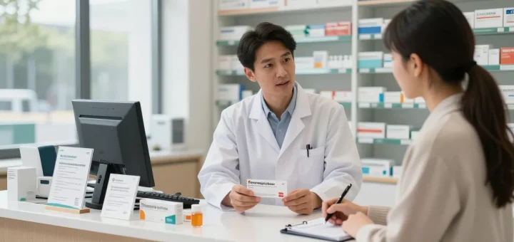 Engaged pharmacist discussing how to order semaglutide Canada with a customer in a modern pharmacy setting.